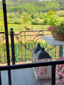 einen Balkon mit Blick auf ein Pferd auf dem Feld in der Unterkunft Cha Cha de Loup in Rendeux