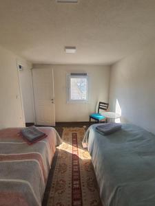 1 dormitorio con 2 camas, ventana y mesa en Olive Garden Retreat, en Milas
