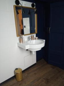 a bathroom with a white sink and a mirror at Thuir/Appartement avec loggia privative in Thuir