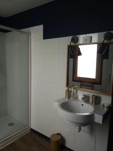 a bathroom with a sink and a mirror and a shower at Thuir/Appartement avec loggia privative in Thuir