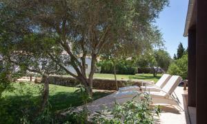 a patio with two white chairs and a tree at Fontsanta Hotel Thermal & Spa - Adults Only in Colònia de Sant Jordi