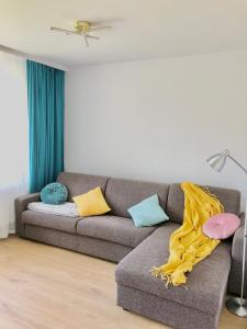 een woonkamer met een grijze bank en kleurrijke kussens bij Sztormowa Apartment in Gdańsk