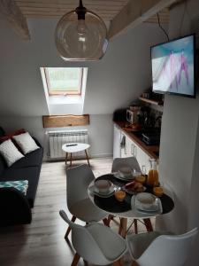 Televízia a/alebo spoločenská miestnosť v ubytovaní Apartamenty Równia 2