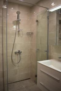 ein Bad mit einer Dusche und einem Waschbecken in der Unterkunft Pirotska 47 apartment in Sofia