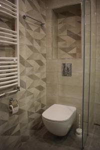 ein Bad mit einem WC und einer Glasdusche in der Unterkunft Pirotska 47 apartment in Sofia