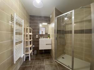 a bathroom with a shower and a sink at L'ORANGERAIE - Garage, Balcon, Vélos, Proche Lac, Vue Montagne in Annecy +44 photos