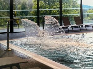 une fontaine dans une piscine dans un bâtiment dans l'établissement Le salinois, à Salins-les-Bains