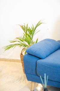 a blue couch and a plant in a room at Atop silver luxury suite in Ermoupoli