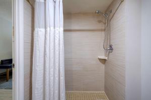 a shower with a white shower curtain in a bathroom at Comfort Inn & Suites Alexandria West in Alexandria