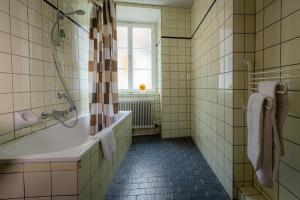 y baño con bañera, ducha y lavamanos. en Grüner Baum Wachau - Retro Frühstückspension, en Mautern