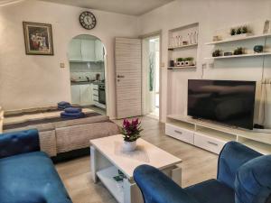 a living room with a bed and a tv at Trsteno Dream House in Trsteno