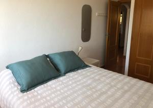 łóżko z dwoma niebieskimi poduszkami na górze w obiekcie Cala Reona Holiday Apartment w mieście Cabo de Palos