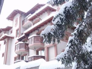 ein großes Gebäude mit Schnee an den Ästen eines Baumes in der Unterkunft Martin Club Hotel in Bansko