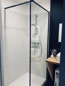 eine Dusche mit Glastür im Bad in der Unterkunft LES HALLES 2 - Central in Mont-de-Marsan