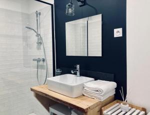 ein Bad mit einem Waschbecken und einer Dusche in der Unterkunft LES HALLES 2 - Central in Mont-de-Marsan