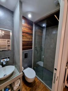 a bathroom with a shower and a toilet and a sink at b&b dolce casa con Sauna e cromoterapia in Domodossola