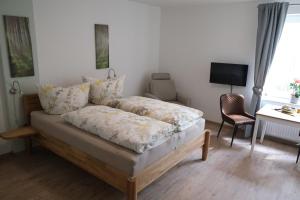 Schlafzimmer mit einem Bett, einem Schreibtisch und einem TV in der Unterkunft Gästehaus Langhals in Bad Segeberg