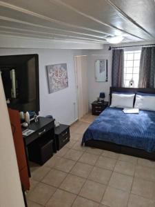 a bedroom with a blue bed and a flat screen tv at Titika's House in Skiathos Town