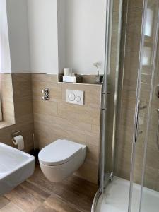 a bathroom with a toilet and a glass shower at Hotel Alt Westerholt in Herten