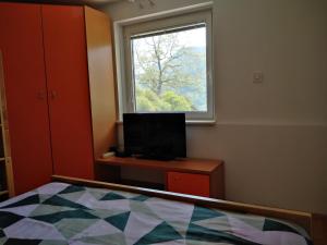 ein Schlafzimmer mit einem Fenster, einem Bett und einem TV in der Unterkunft Apartment Zadraga in Tolmin