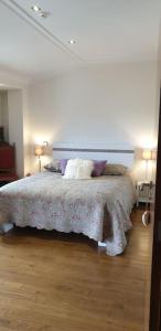 a bedroom with a bed and two lamps on the floor at Casa restaurante O Pitès in Alfaião