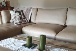 un divano marrone con due vasi verdi su un tavolo di Casa restaurante O Pitès a Alfaião