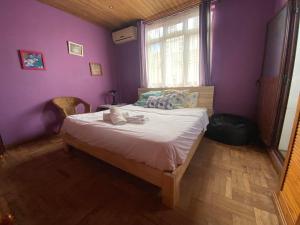 a bedroom with a bed with purple walls and a window at 2 pokojový byt ve Flic en Flac Mauricius in Flic-en-Flac