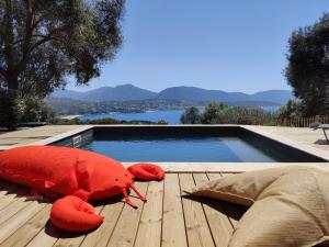 a large red crab sitting on a wooden deck next to a swimming pool at Résidence Licciola in Propriano