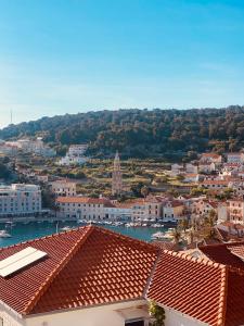 Blick auf eine Stadt mit Fluss und Gebäuden in der Unterkunft Sky view of Hell islands in Hvar