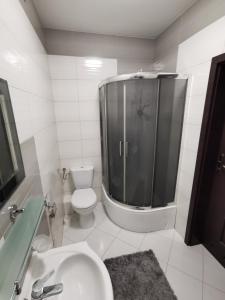 uma casa de banho com um chuveiro, um WC e um lavatório. em Apartament Witosa em Giżycko