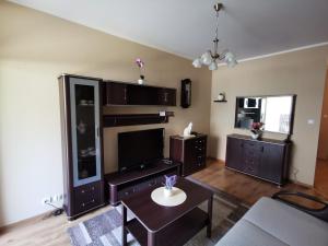 een woonkamer met een bank en een tafel bij Apartament Witosa in Giżycko