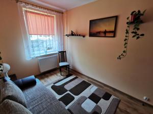 een woonkamer met een bank en een raam bij Apartament Witosa in Giżycko