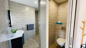 a bathroom with a toilet and a sink at Villa moderne avec spa à Montalivet in Vensac +24 photos