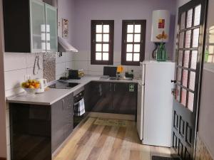 a kitchen with a white refrigerator and wooden floors at Village Center One Bedroom Apartment in Porto Moniz