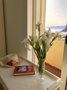 a vase of white flowers on a table with a window at Relax Maratea in Maratea