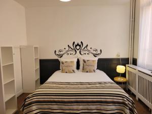 Un dormitorio con una cama con cabecero negro. en Studio 1 du Temple Hyper Centre, en Cambrai