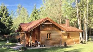 a log cabin with a copper roof at Modrzewiowy Dworek in Zyzdrojowa Wola