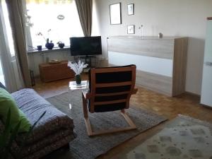 Una sala de estar con una silla y un televisor. en Europaplatz, en Aachen