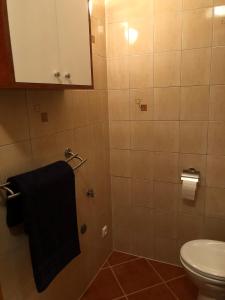 bagno con servizi igienici e asciugamano nero. di Apartament Dadaj 2/5 a Dadaj