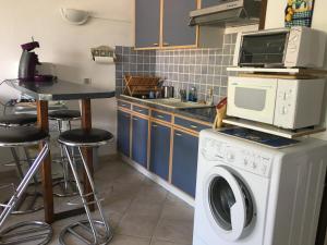 a kitchen with a washing machine and a microwave at Agriates in Patrimonio