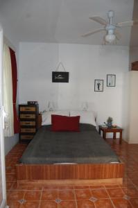 a bedroom with a large bed with a red pillow at COSY STUDIO IN ALLOPRONOIA SIKINOS in Alopronia