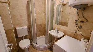 a bathroom with a shower and a toilet and a sink at Voždovac Vitanovacka in Belgrade +2 photos