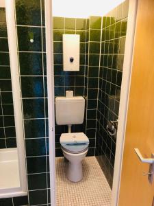 a bathroom with a toilet and a green tiled wall at Ostseenest - Sonnige Ferienwohnung mit Ostseeblick in Heringsdorf