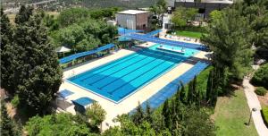 an overhead view of a large swimming pool with trees at Shoresh Green Hills in Shoresh