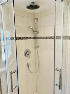 a shower with a shower head in a bathroom at Ferienhaus Biber in Godendorf