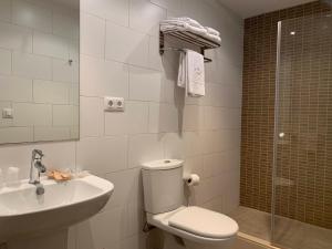 a bathroom with a toilet and a sink and a shower at Hostal La Placeta in Arbeca