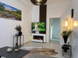 a living room with a tv on a wall at Ferienwohnung Univers 3 in Bad Harzburg