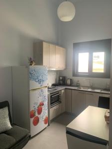 een keuken met een koelkast met fruit erop bij Georgia's house in Ária