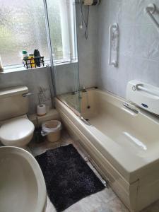 uma casa de banho com uma banheira, um WC e um lavatório. em ABIMDOT Exquisite apartments em Manchester