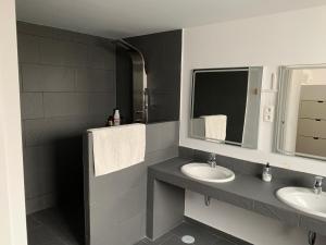 Baño con 2 lavabos y espejo en Agradable chalet con piscina privada cerca de Madrid, en Madrid